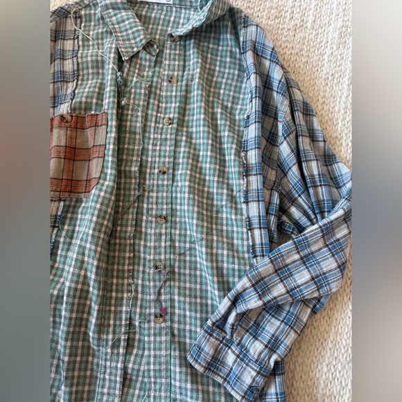 Boutique Distressed Flannel Button Up Top Blue / Green / Orange Graffiti Medium - Picture 2 of 5